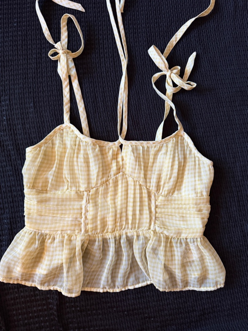 American Eagle Outfitters Yellow Gingham Tie-Shoulder Peplum Cami